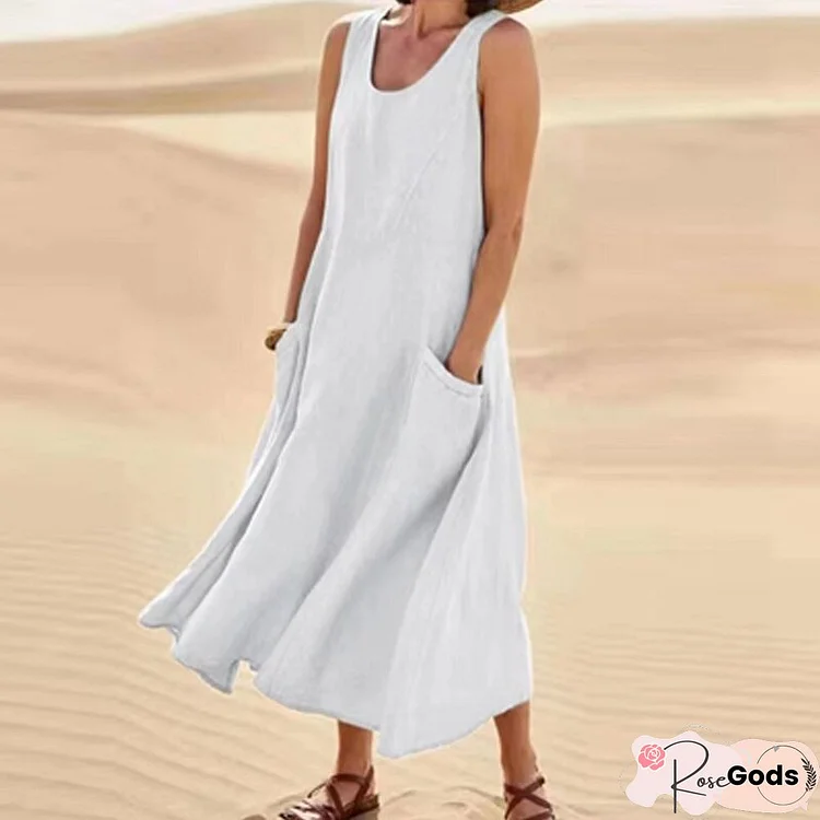 Elegant Solid Sleeveless O Neck Tank Dress Women Casual Cotton Linen Dress Fashion Summer Loose Pocket A-Line Long Dress
