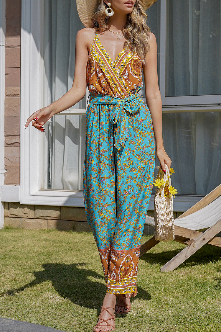 Casual Print Bandage Crystal Spaghetti Strap Harlan Jumpsuits