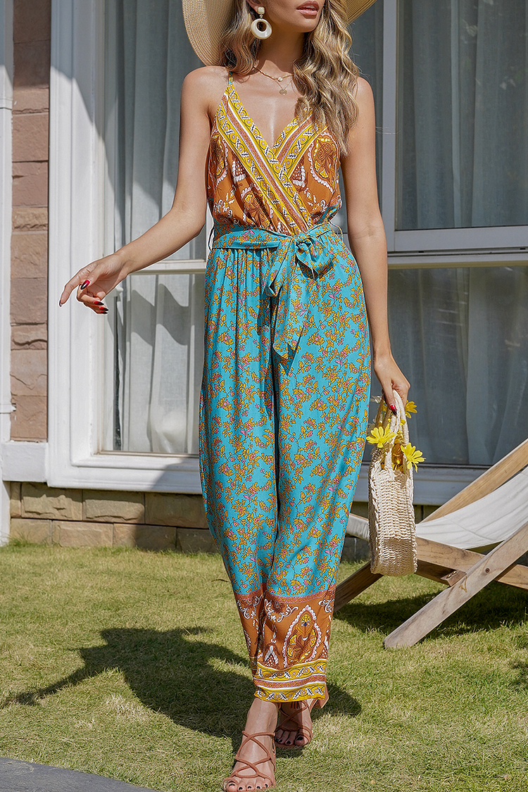 Casual Print Bandage Crystal Spaghetti Strap Harlan Jumpsuits - Life is Beautiful for You - SheChoic
