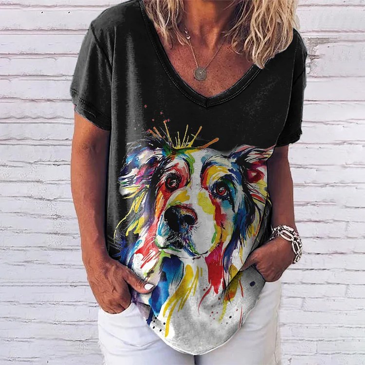 V Neck Colorful Dog Short Sleeve T-Shirt