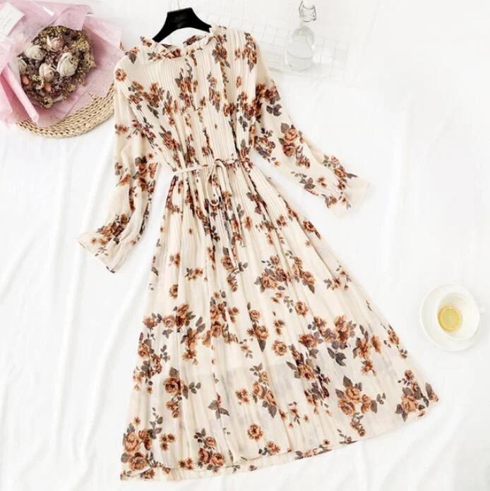 2020 Elegant Women Print Chiffon Dress Long sleeve Lotus leaf collar Pleated Dress Female Casual Midi Dresses vestidos mujer