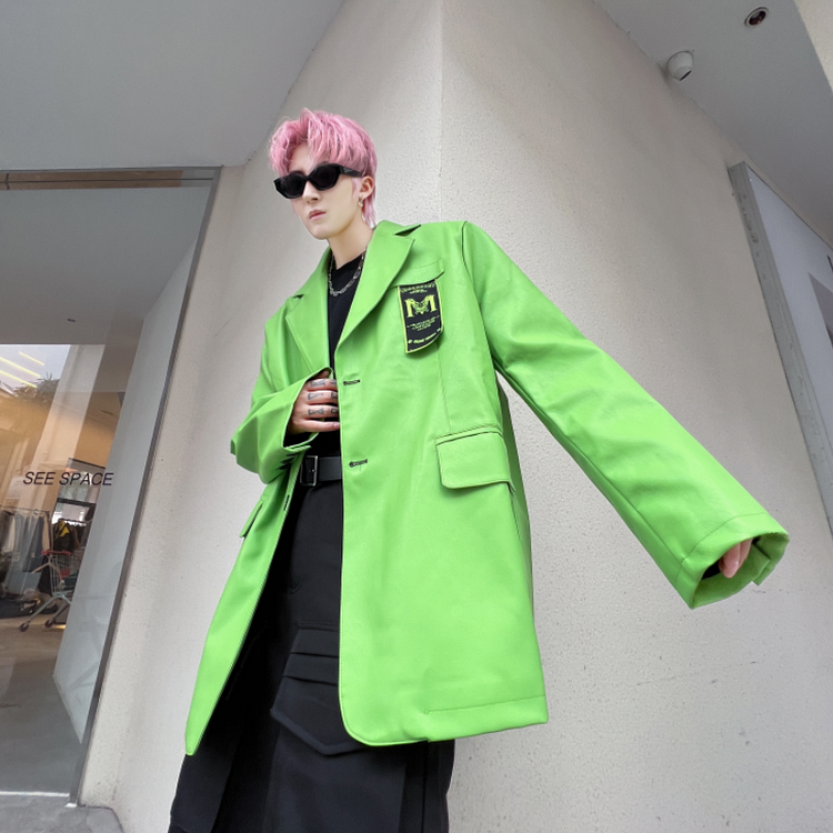 Dawfashion-Trendy Fluorescent Green Casual PU Leather Blazer-Yamamoto Diablo Clothing