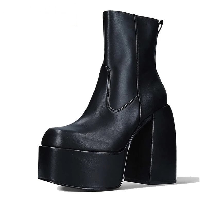 Women Boots Solid Color Thick Bottom Crude Heel Zipper-Sid Women Shoes Fashion Sexy Punk High Heel Outdoor Platform Botas Mujer