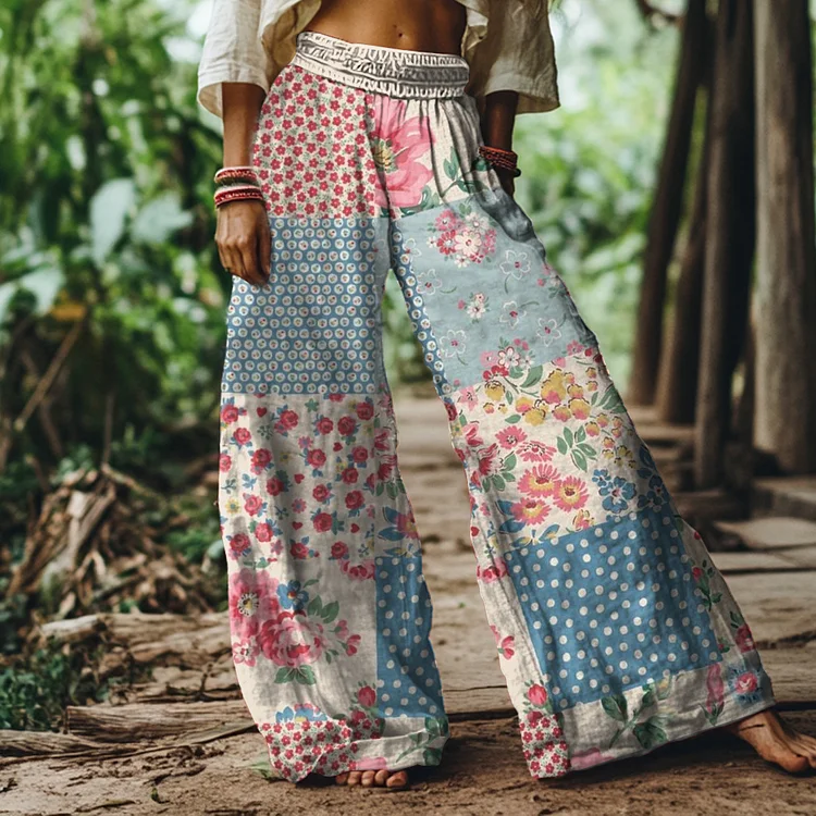 Vintage Bohemian Floral Print Loose Wide-leg Pants