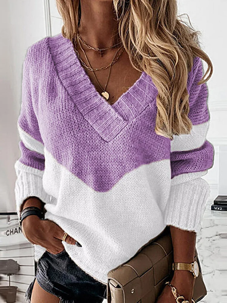Casual Loose Colorblock V-Neck Long Sleeve Sweater socialshop