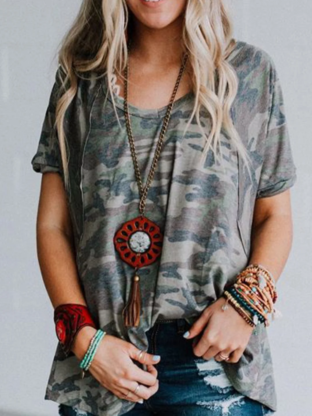 Camouflage Simple Round Neck Short Sleeve Tops