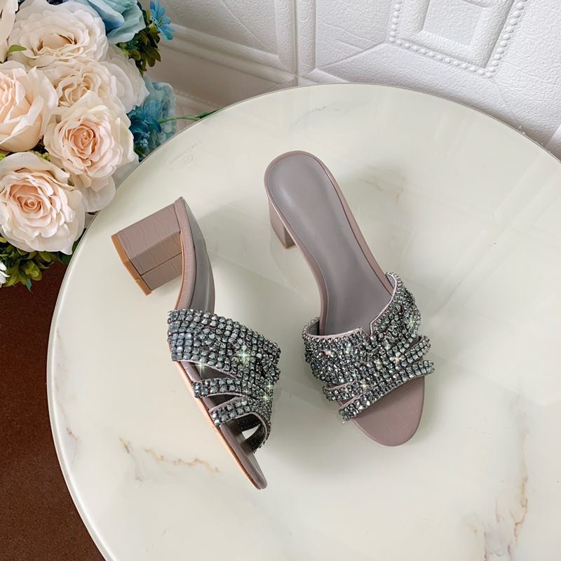 Diamond Rhinestone Shoes Woman Genuine Leather Med Hoof Heel Open Toe Slim Sandals Women