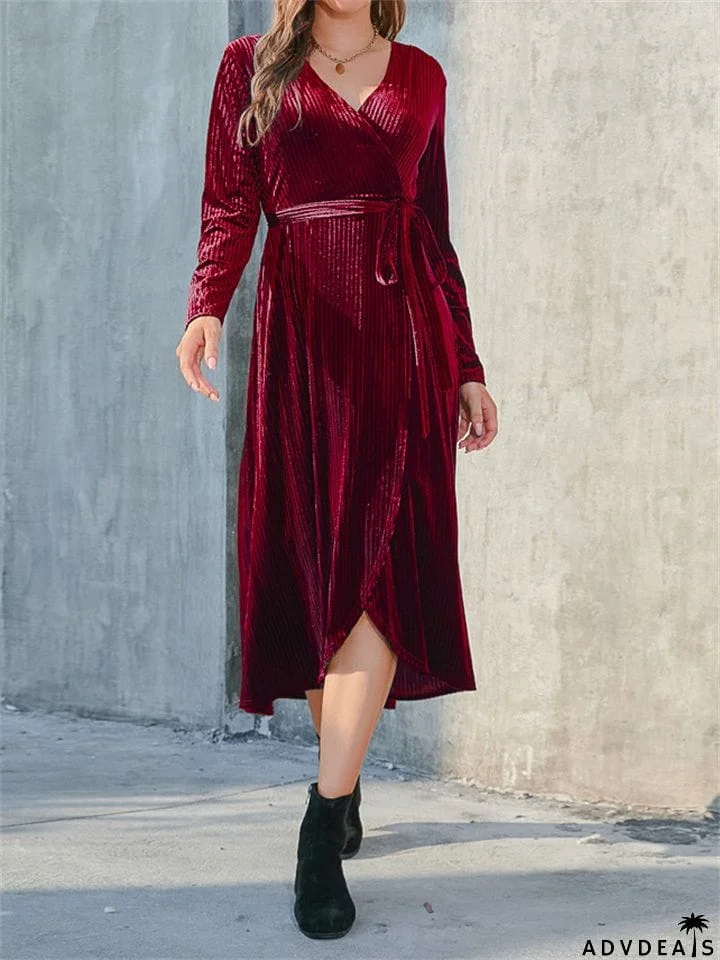 Sexy V Neck Long Sleeve Split High Waist Party Elegant Corduroy Dress for Women