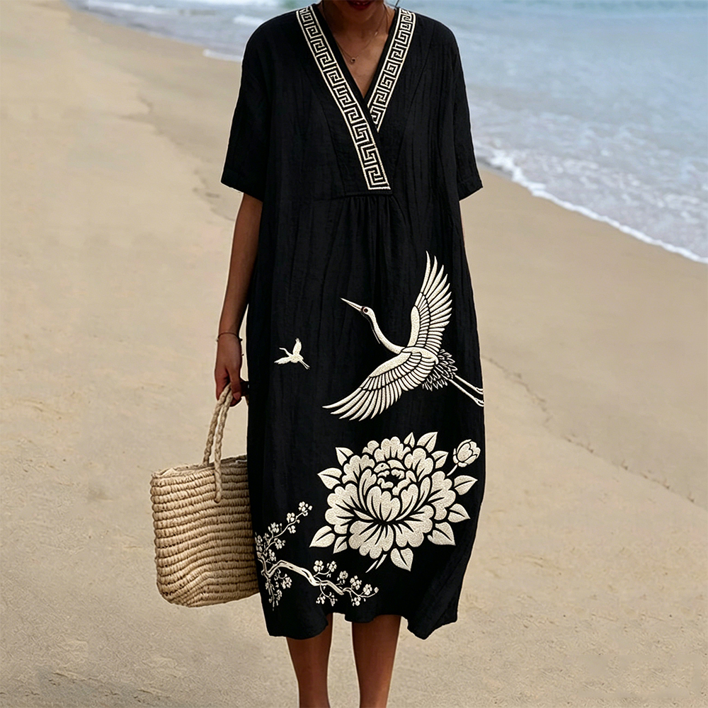 Japanese Style Floral Crane Art V Neck Linen Maxi Dress wearshes