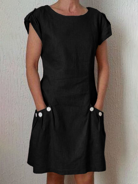 Vintage Short Sleeve Solid Pocket O Neck Cotton Linen Casual Dress