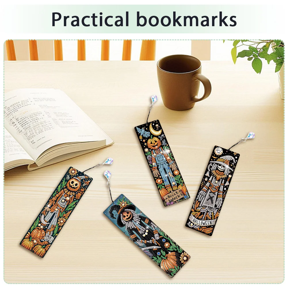 4Pcs Halloween Pumpkin Skull Themed DIY Diamond Painting Bookmark for Book Lover
