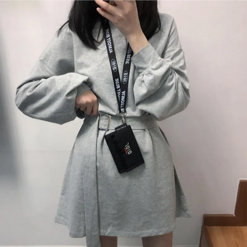 Long Sleeve Dress Women Large Size 4XL Black Harajuku BF Korean Style Sashes Womens All-match Chic Simple Student Streetwear New
