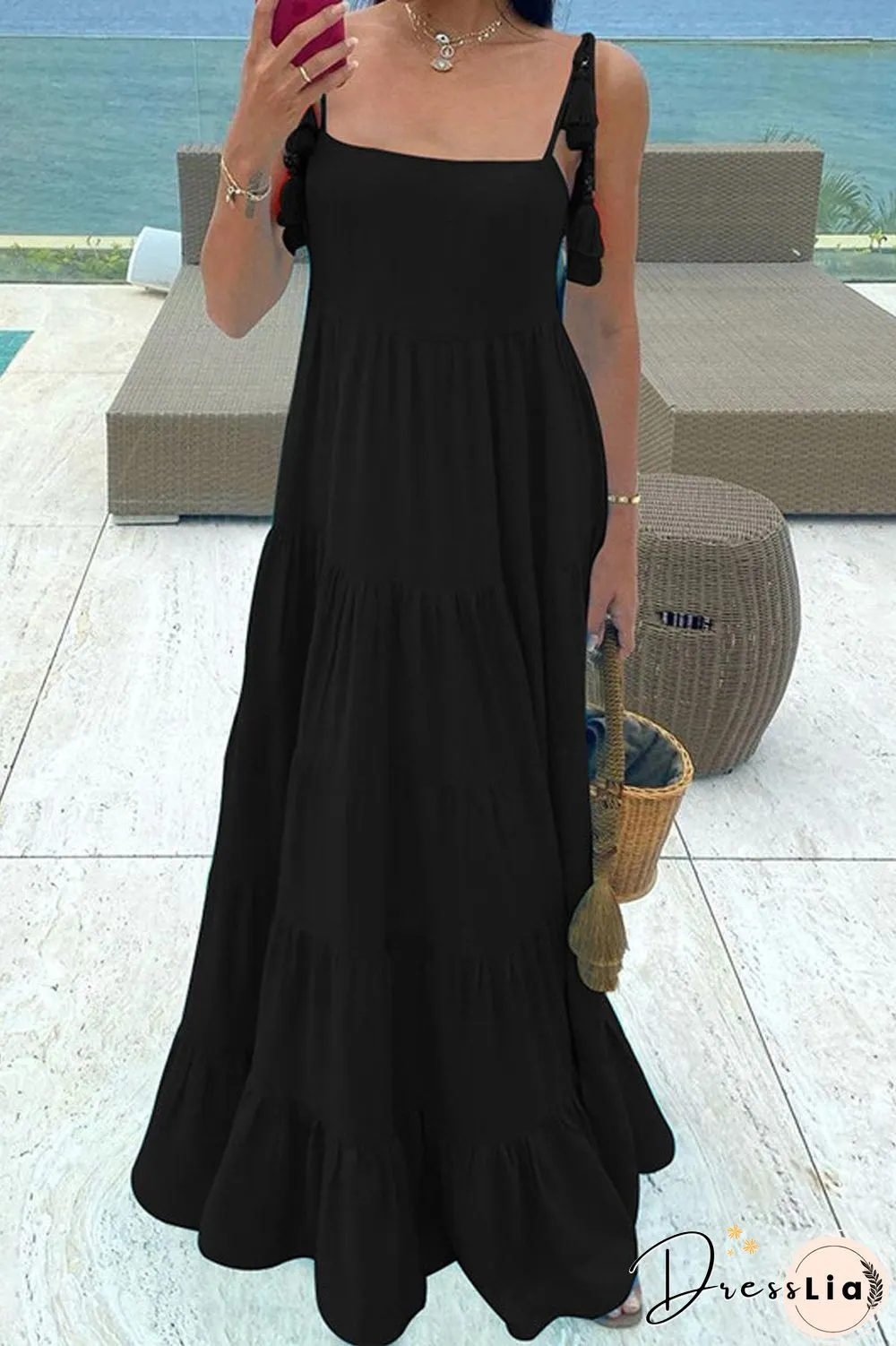 Solid Color Tired Sling Maxi Dress
