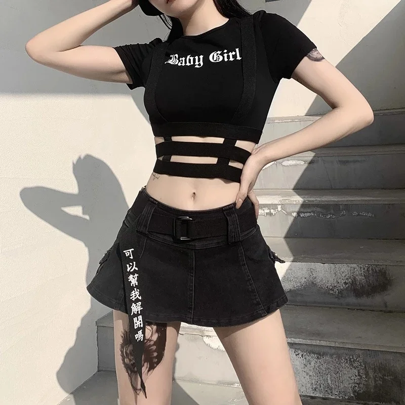 Uveng Uveng Sexy Slim Short Sleeve Letter Print T-Shirt Irregular Hollow Out Crop Bottom Top