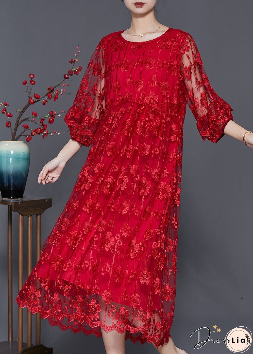 Red Hollow Out Tulle Holiday Dresses Embroidered Bracelet Sleeve