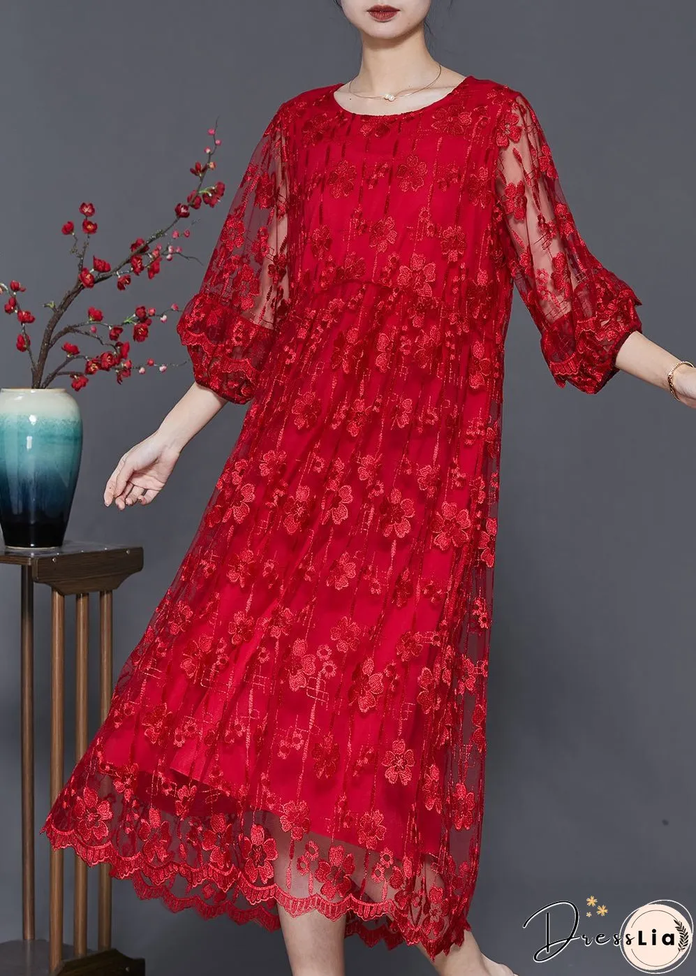 Red Hollow Out Tulle Holiday Dresses Embroidered Bracelet Sleeve