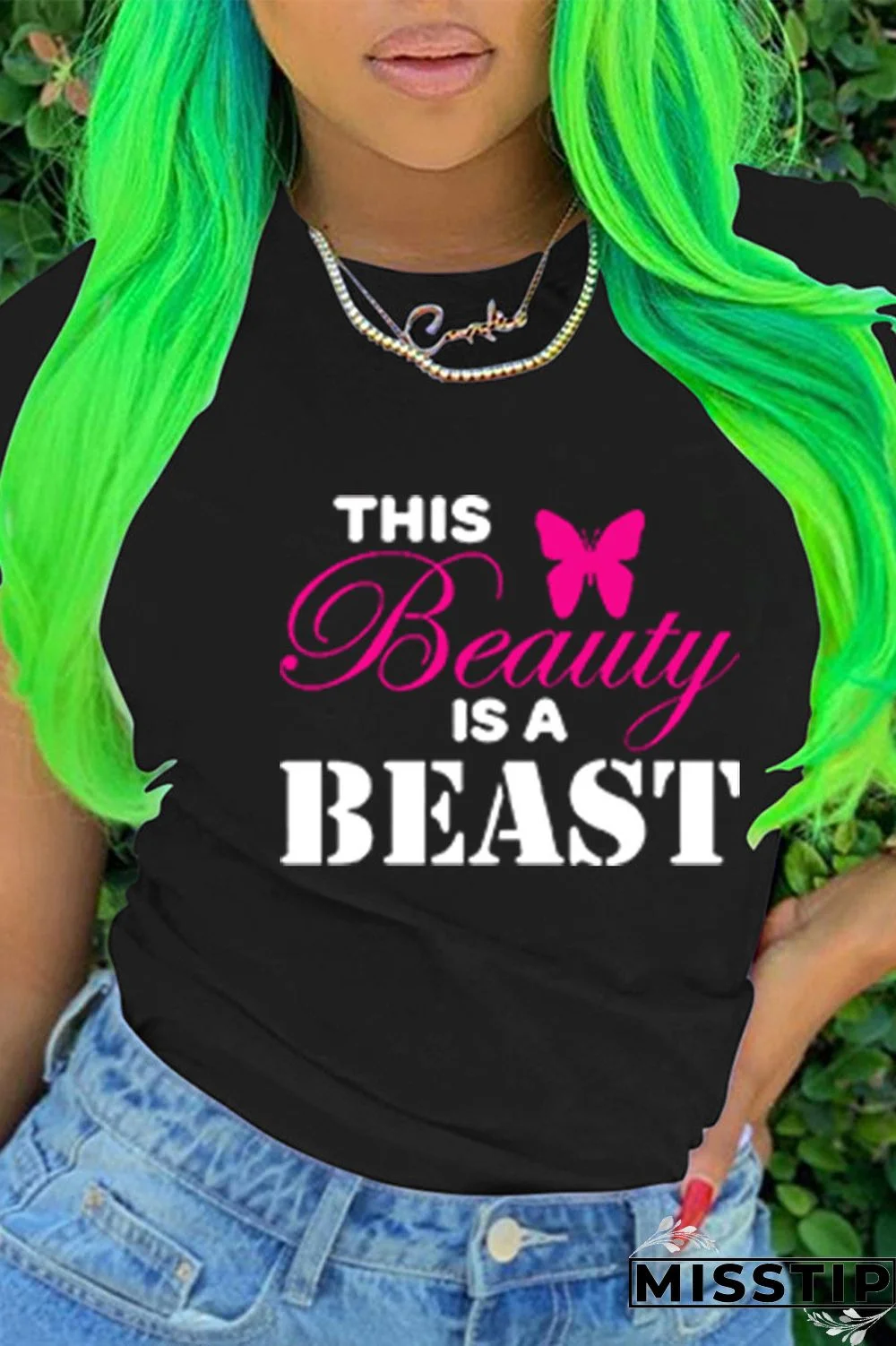 Black Fashion Casual Print Basic O Neck T-Shirts