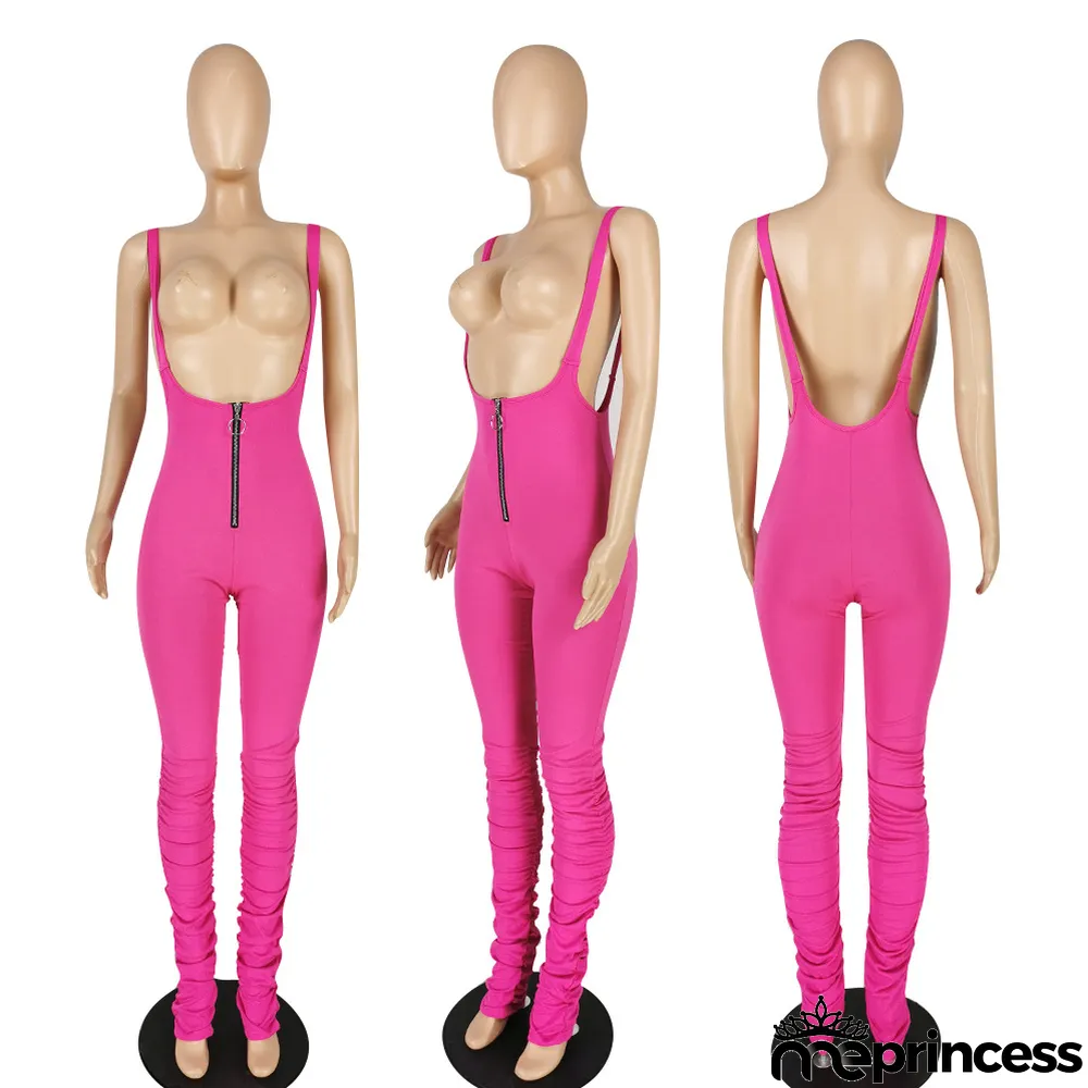 Plus Size Casual Solid Color Sling Jumpsuit