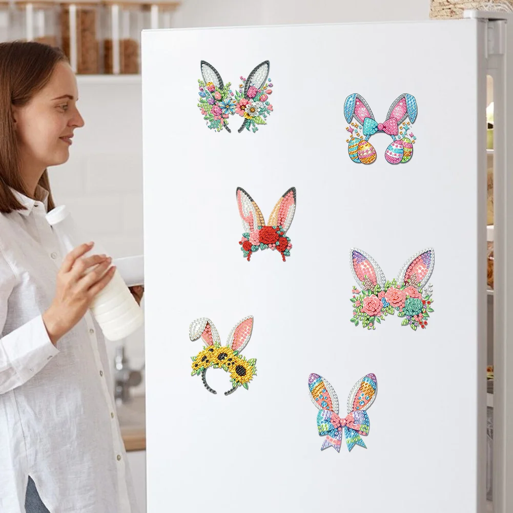 6Pcs Easter Rabbit Ears Diamond Painting Fridge Magnet for Adults Beginners