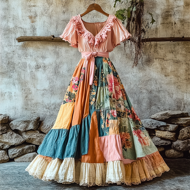 Women's Fashion Elegant Bohemian Floral Ruffle Dress