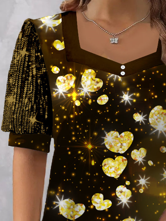 Women's Short Sleeve V-neck Graphic Printed Sequins Stitching Top