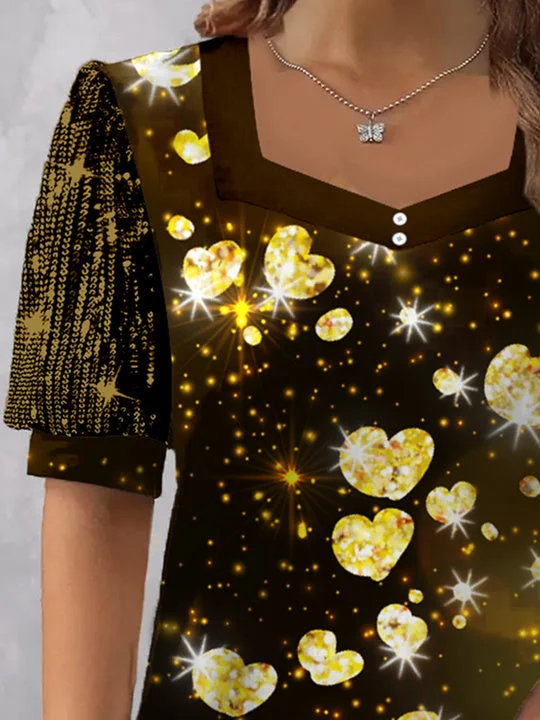 Women's Short Sleeve V-neck Graphic Printed Sequins Stitching Top