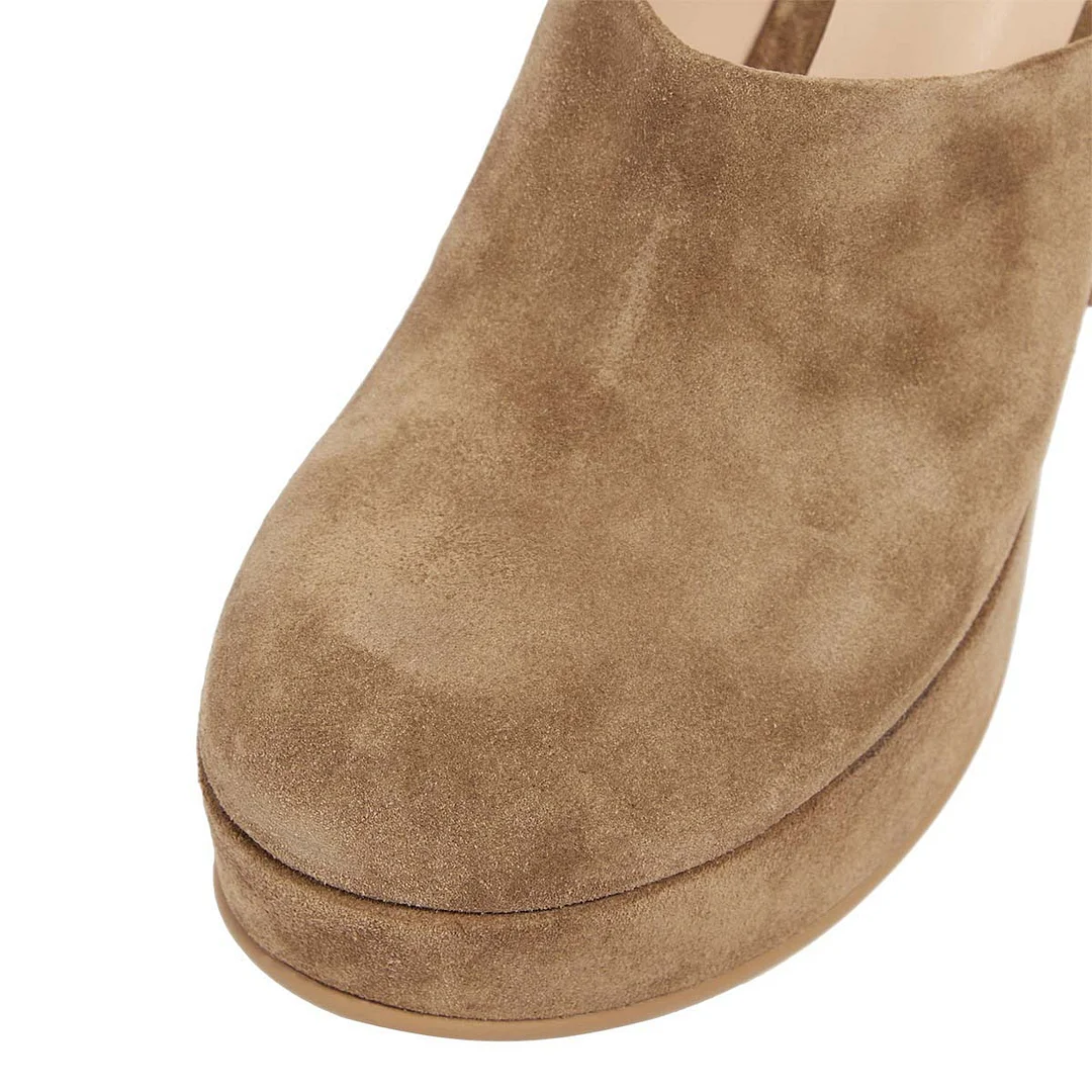Chic Vegan Suede Round Toe Chunky Heel Platform Mules in Brown