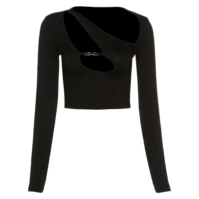 Hollow Out Crop Top Punk Tee Shirts For Women Asymmetrical Gothic Streetwear Spring Sexy