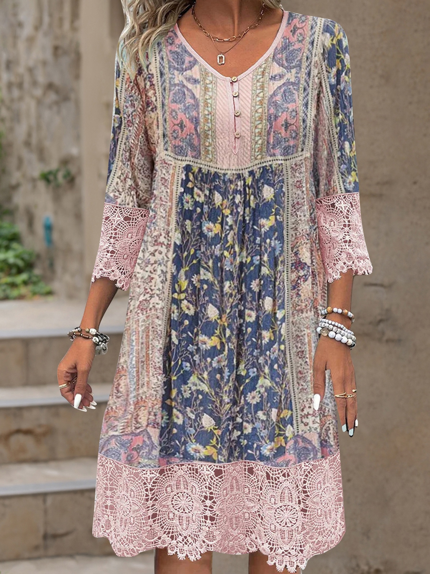 Retro Floral Women Dress | Lace Trim Half Button-Up V Neck 3/4 Sleeve A-Line Short Dress For Summer Spring | IFYHOME