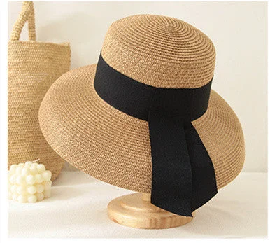 Women's Audrey Hepburn Sun Straw Hats UV Protection with Bowknot Summer Beach Travel Hats