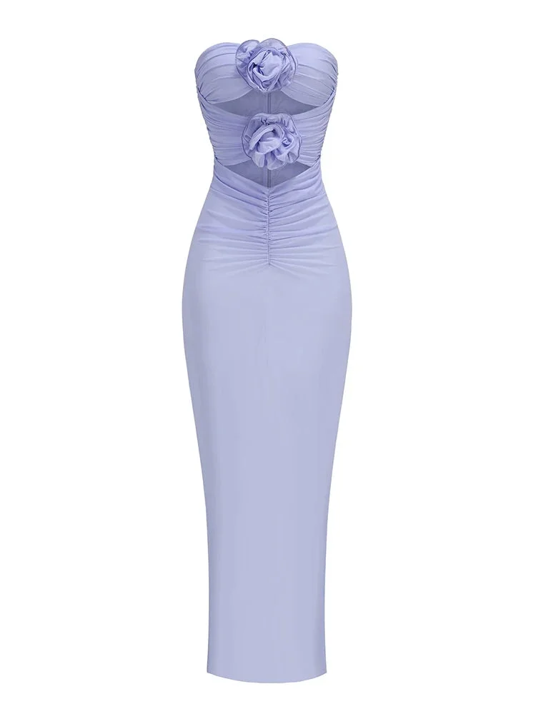 Toloer Blue Strapless 3D Flower Ruched Maxi Dress-Outfit Ideas