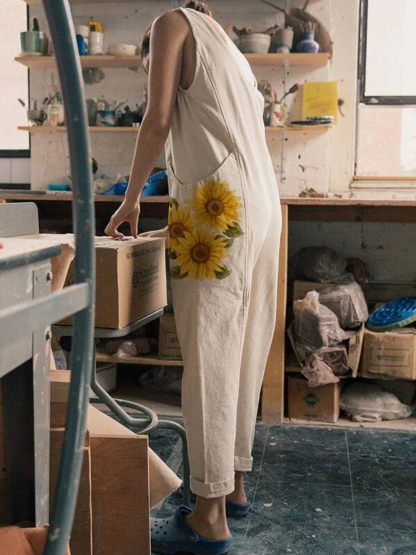 V-neck Pocket Print Casual Cotton And Linen Jumpsuit-Mayoulove