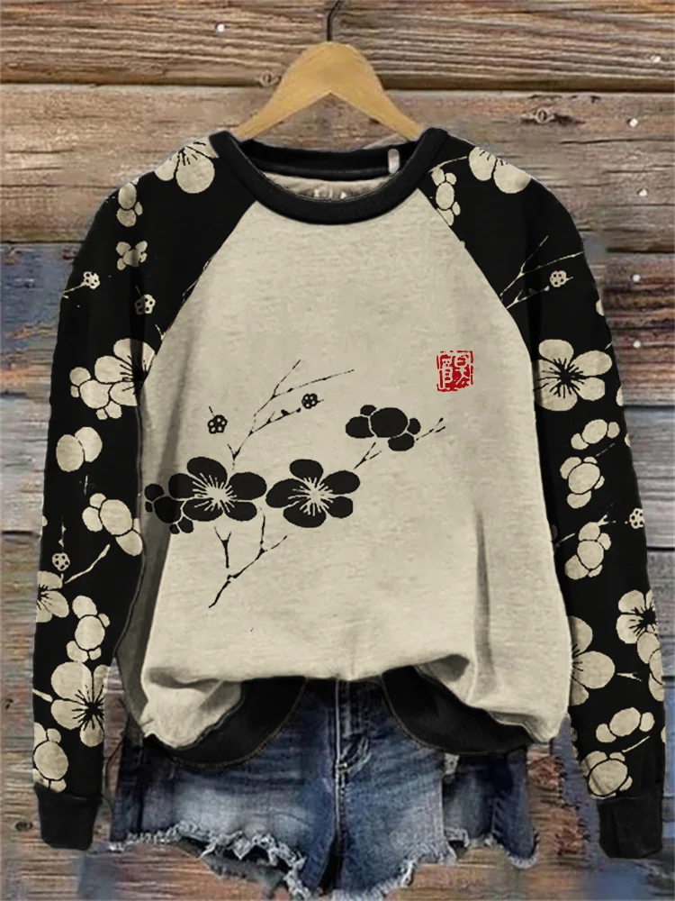 Cherry Blossom Japanese Lino Art Raglan Sweatshirt
