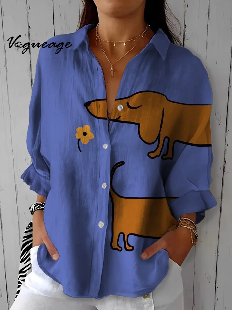 Simple Artistic Puppy And Flowers Printed Cotton And Linen Shirt