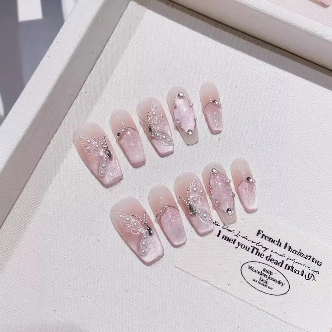 Lidudu 10Pcs Handmade Press on Nails Full Cover Cat Eye Pearl Design Rhinestone French Ballerina Fake Nails Manicure Wearable Nail Tips