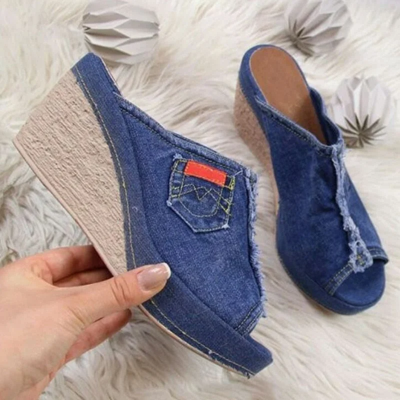 Summer Women's Denim Sandals Wedge High Heels Peep Toe Slippers Flip Flops Shoes Women Platform Sandals Slides Slippers Shoes