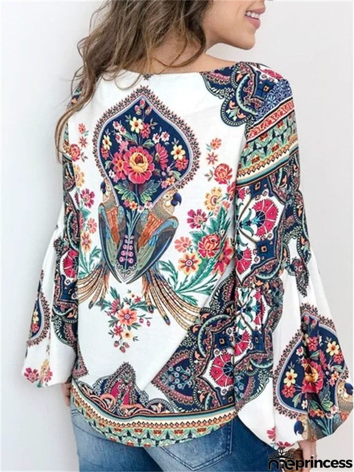 Distinctive Retro Style Printed Round Neck Long Lantern Sleeve Blouse