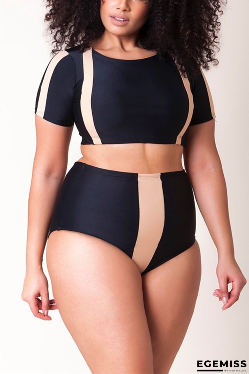 HalfSleeve Sexy Plus Size Colorblock Black Swimsuit | EGEMISS