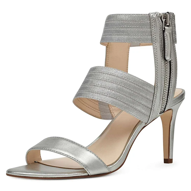 Silver Ankle Strap Stiletto Heel Sandals for Women |FSJ Shoes