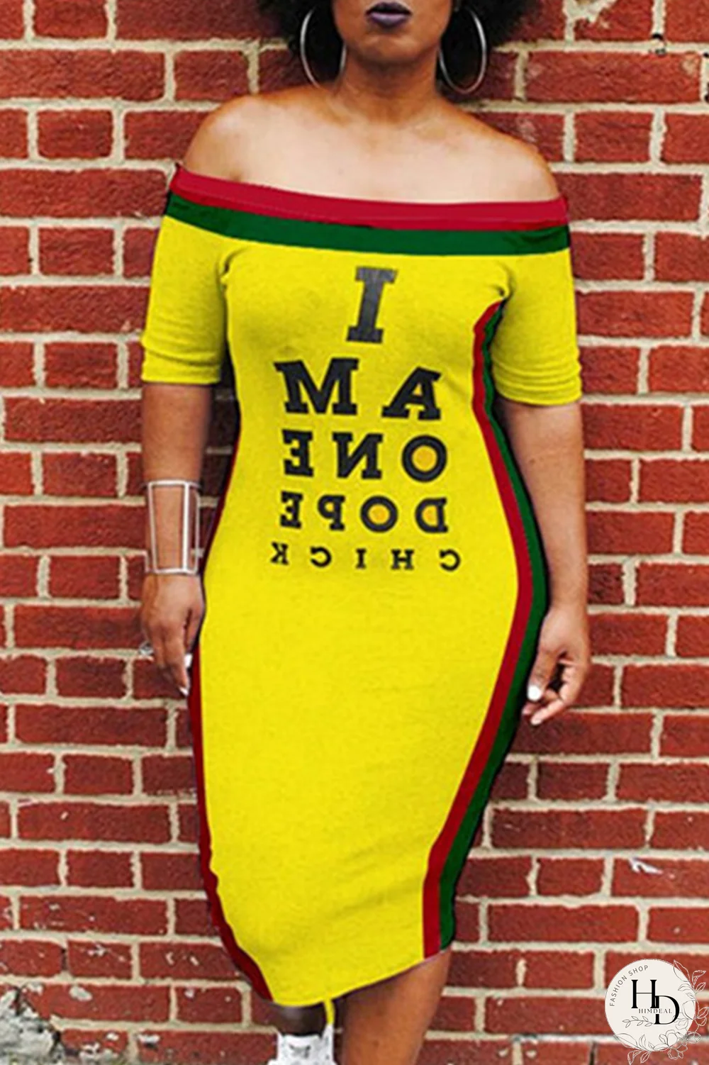 White Sexy Fashion Off The Shoulder Short Sleeves One word collar Step Skirt Mid-Calf Print Patchwork Pri