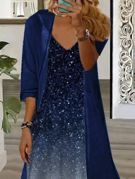 Women's Long Sleeve V-neck Graphic Printed Two Pieces Maxi Dress