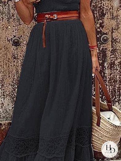 Elegant V-neck Lace Stitching Belt Long Dress
