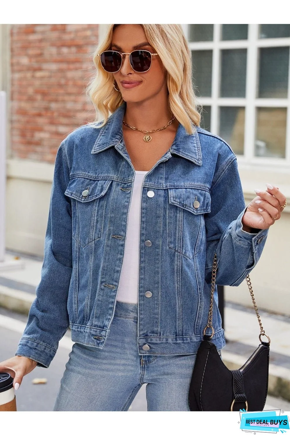 Pocketed Collared Neck Denim Jacket