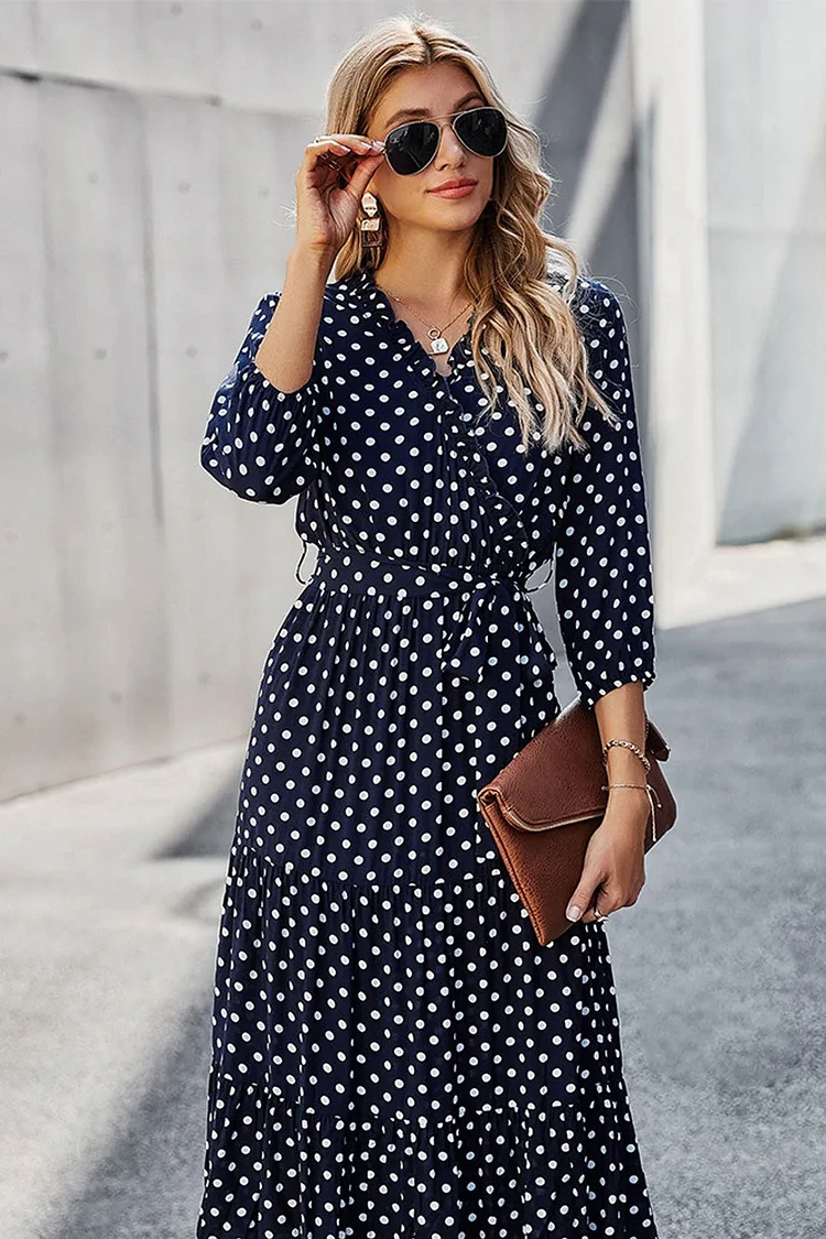 Luditu Midi Dress, Ruffle Polka Dot in Navy Blue