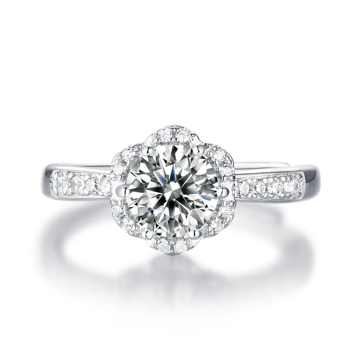  VVS1 Moissanite Ring Flower Shape 925 Sterling Silver Rings for Women Adjustable 