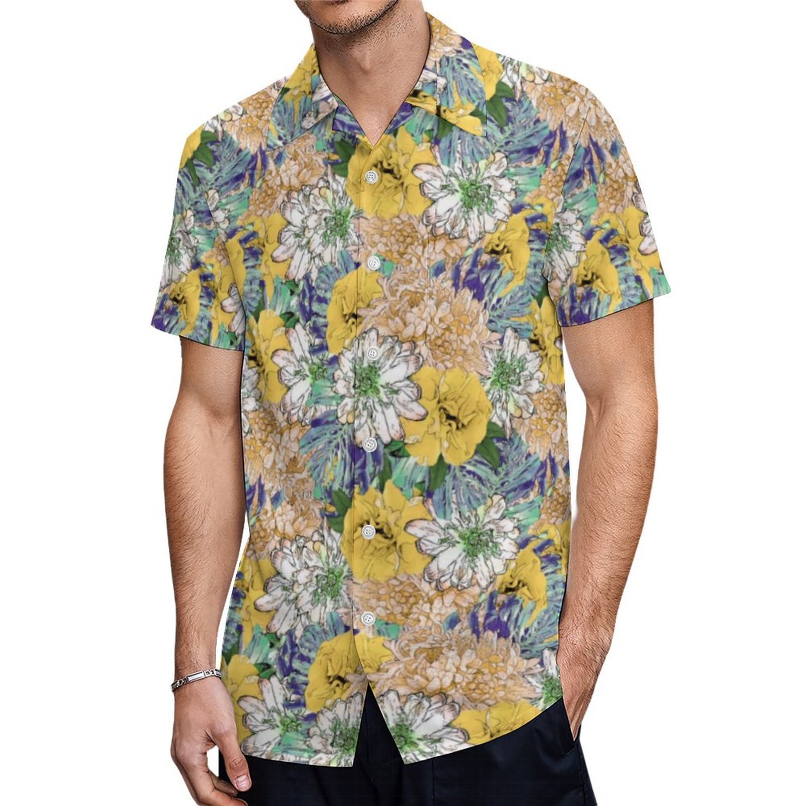 Trendy Yellow Green Floral Girly Illustration Hawaiian Shirt Mens Button Down Tropical Hawaii Beach Shirts
