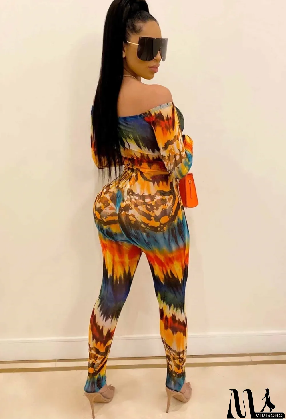 MidiSono - Spring Sexy Printed Off Shoulder Flare Long Sleeve Slim Jumpsuit