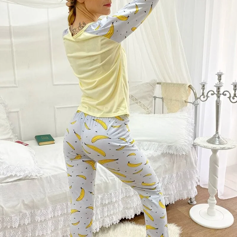 Spring / Summer New Sleepwear Cotton Long-sleeved Trousers Ladies Pajamas Suit Simple Style Women Long Pajamas Teenager