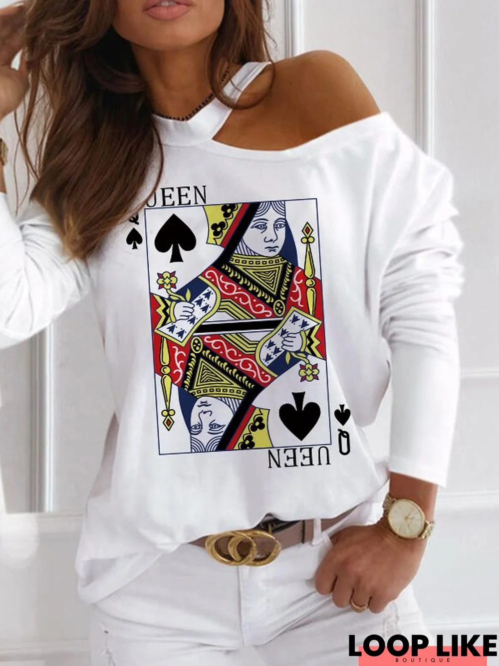 Long Sleeve Printed Casual One Shoulder T-shirt