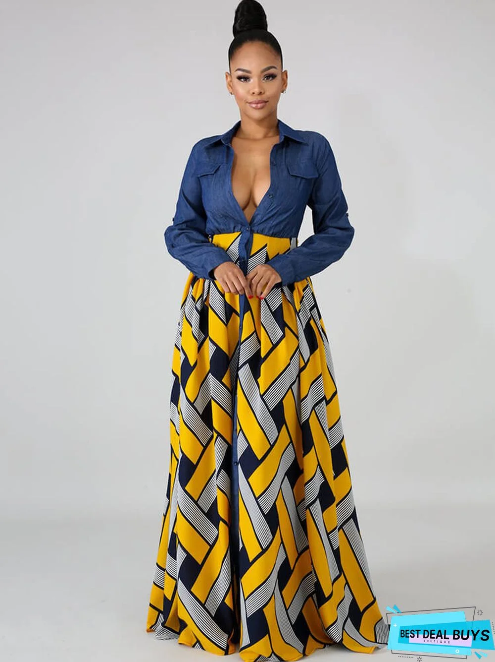 Denim Long Sleeve Plaid Patchwork Maxi Dresses